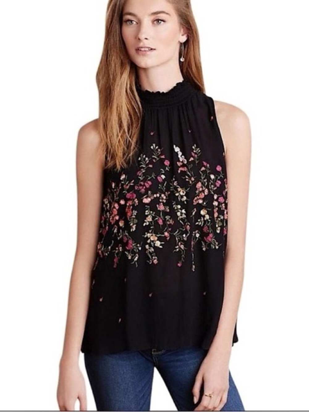 Anthropologie Floreat Black Embroidered Floral Sleeveless Boho Blouse Whimsical